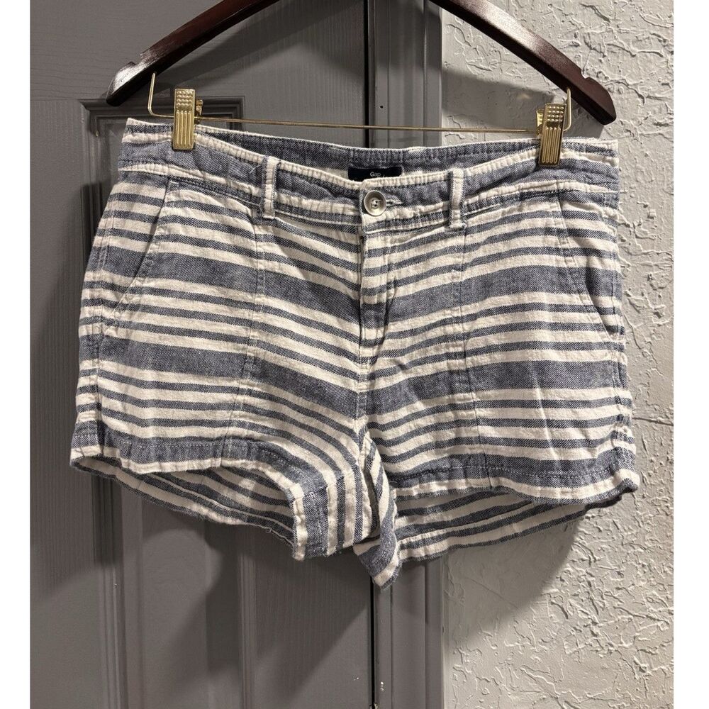 GAP Blue White Striped Linen Cotton Chino Shorts Women 10 Mid Rise Pockets